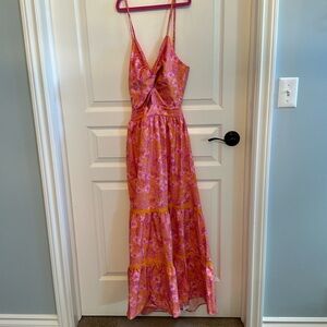 Cupshe Tangerine & Pink Floral Sweetheart Twist Maxi Dress size small